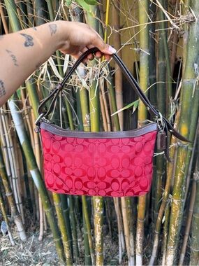Coach Red Signature Jacquard Shoulder Bag with Brown Trim